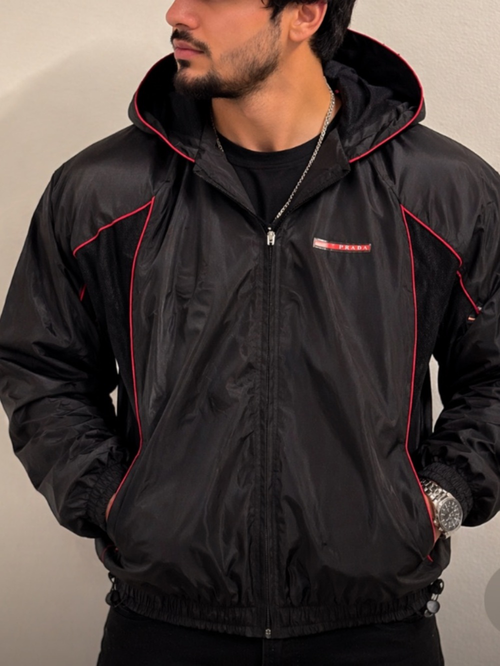 PRADA Black Hooded Windbreaker Jacket with Red Piping